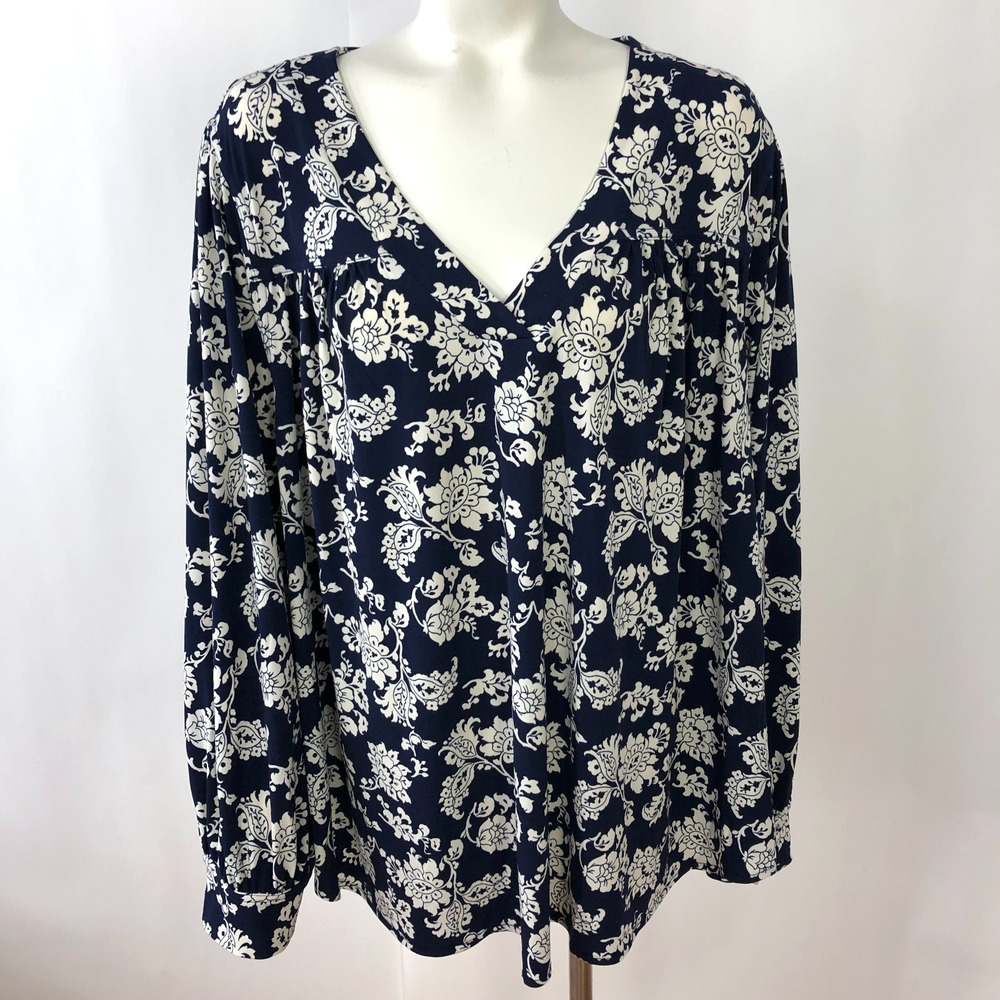 Lane Bryant NEW 26/28 Plus 4X Smock Pullover Blouse Blue Ivory All Over Print